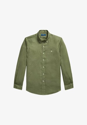 Camicia verde oliva a maniche lunghe con bottoni, colletto abbottonato e piccolo logo bianco Polo Ralph Lauren ricamato sul petto sinistro.