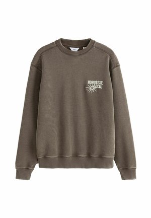 Brown textured crewneck sweatshirt with ribbed cuffs and hem, featuring white "Morning Side Social" text and sunburst graphic on the left chest.