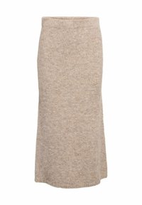 Jupe midi en laine beige avec une texture douce, une taille élastique et une silhouette droite, présentant un subtil motif chiné.