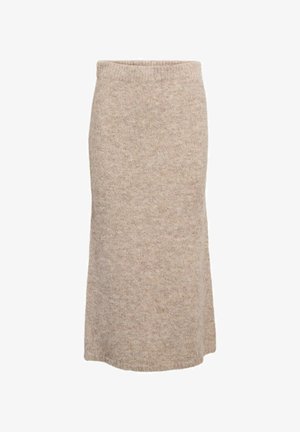 Beige uld midi-nederdel med en blød tekstur, elastisk talje og en lige silhuet, der har et subtilt meleret mønster.