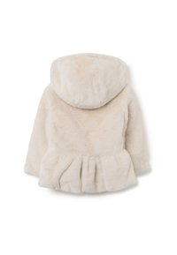 Faux-Felljacke in hellbeige, mit Kapuze, peplumförmigem Saum und weicher Textur. Keine sichtbaren Beschläge oder Muster.