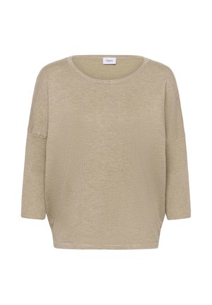 Top de manga larga suelto de color beige claro, con cuello redondo, textura acanalada y aberturas laterales para facilitar el movimiento. La etiqueta dice "Saint".