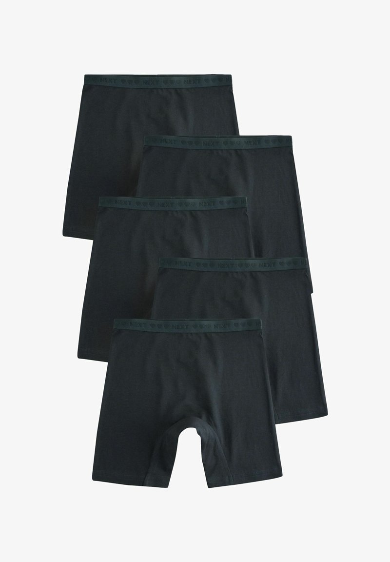 Cinq boxers noirs disposés en chevauchement, chacun avec une ceinture sombre présentant un texte répétitif subtil "NEXT" et des formes de cœur.