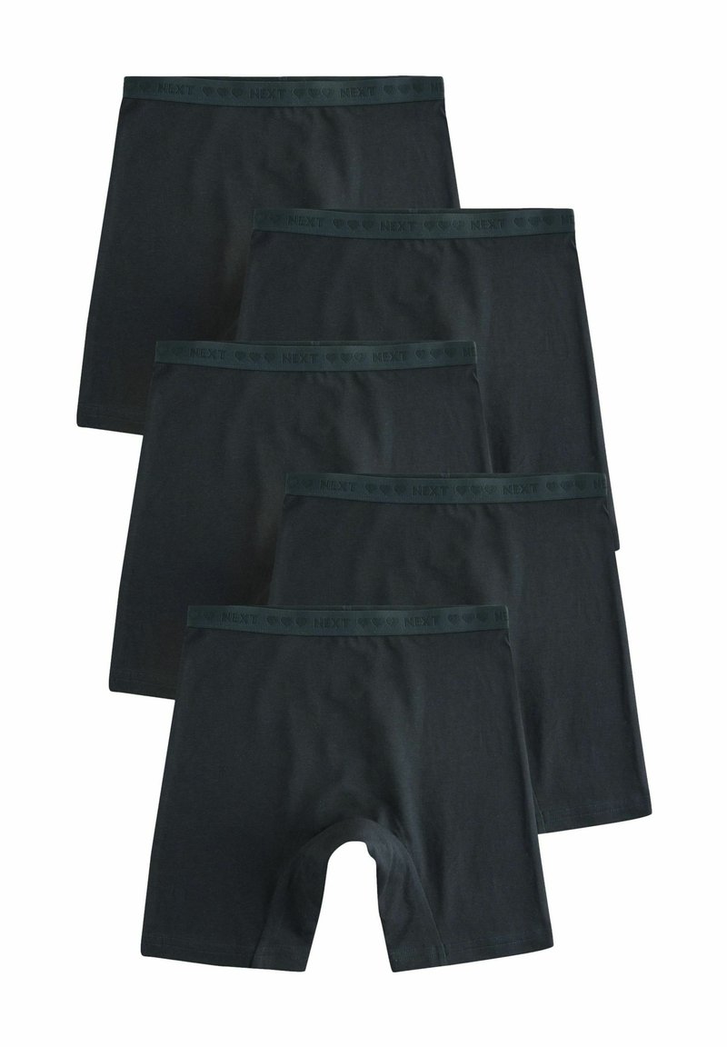 Cinque paia di boxer in cotone grigio scuro con una vita elastica verde etichettata "NEXT". Design semplice, lunghezza a metà coscia, texture liscia.
