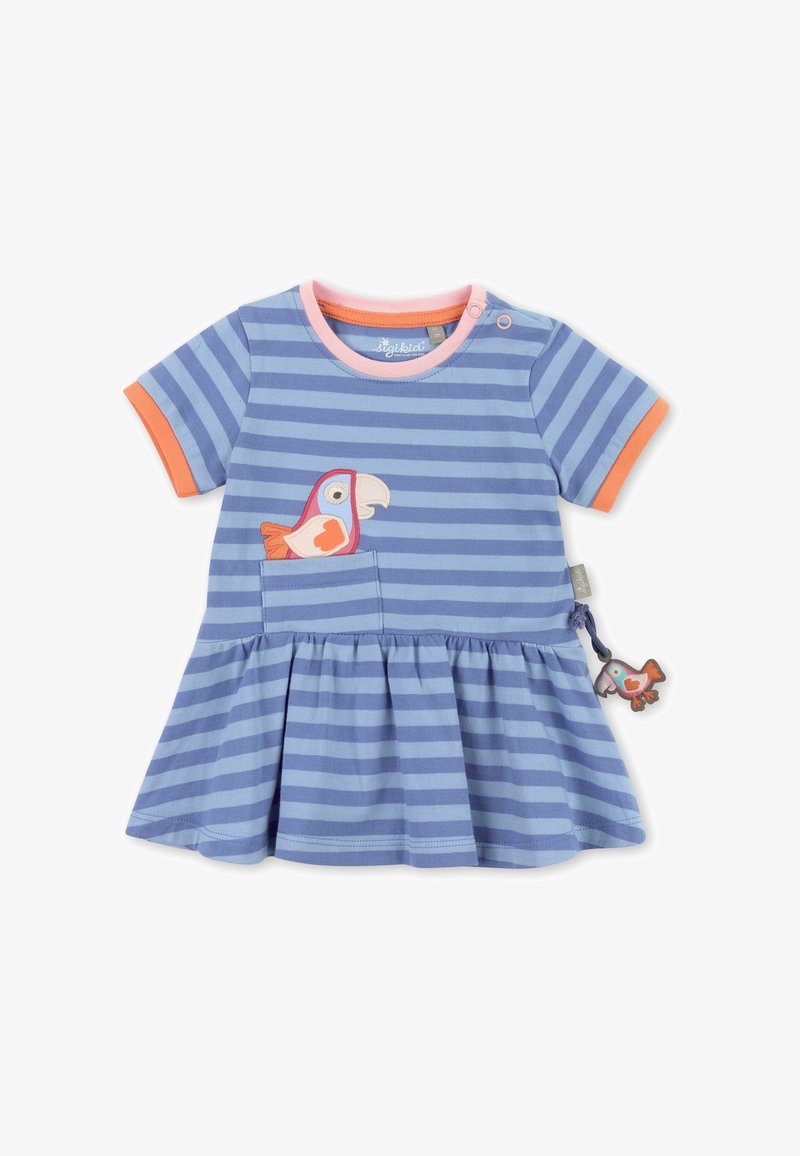 Gestreiftes blaues Kleid mit kurzen Ärmeln, orangenen Akzenten und einer Papageienapplikation auf der Brusttasche. Ausgestellter Rock mit gerafftem Saum.