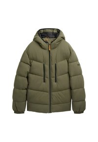Oliwkowa kurtka puchowa z kapturem, z zapięciem na zamek, dwoma kieszeniami na piersi oraz elastycznymi mankietami dla lepszego dopasowania.