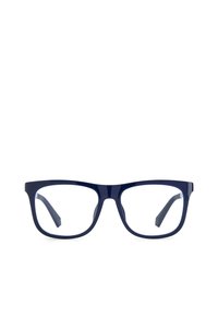 Lunettes de vue bleu marine avec monture rectangulaire, en plastique, dotées d'une finition brillante et de verres transparents. Design élégant et minimal.