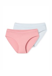 Dwie pary damskiej bielizny: jedna w pastelowym różu, a druga w jasnym niebieskim, wykonane z miękkiej bawełny, z połowicznym stanikiem i bezszwowym wzorem.