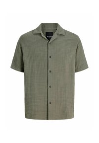 Chemise à manches courtes vert olive texturée, boutonnée, avec col et coupe décontractée.