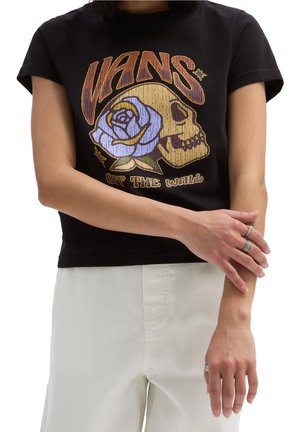 Černé tričko s krátkým rukávem s grafikou lebky a růže v modro-zlatých tónech. Hladká látka, zkrácený střih.