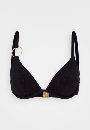 Schwarzer Bikini-BH mit strukturiertem Krokodil-Muster, dreieckigen Körbchen, dünnen Trägern und einem goldfarbenen Verschluss in der Mitte.