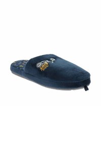 Pantofole in morbido peluche blu navy con suola piatta, punta rotonda e design ricamato di una bicicletta. L'interno presenta una fodera con un motivo multi-colore.