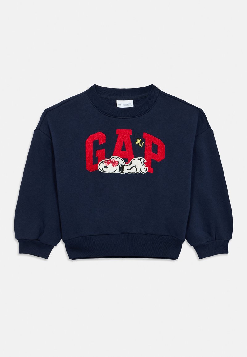Tengerészkék kapucnis pulóver pamutból, piros "GAP" logóval. Hímzett Snoopy mintával, napszemüvegben és sárga díszítéssel.