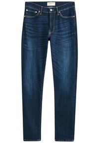 Jeans blu scuro in denim, con design a gamba dritta, cinque tasche, rivetti di tonalità rame e leggere sfumature sul tessuto.