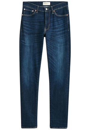 Dunkelblaue Jeans aus Denim mit geradem Bein, fünf Taschen, Kupferrivets und subtilen Ausbleichungen im Stoff.