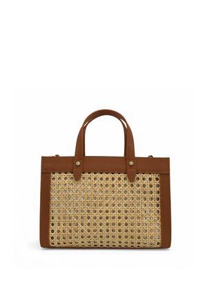 Sac cabas rectangulaire en rotin tressé avec garniture en cuir marron et doubles poignées, design structuré adapté à un usage décontracté.