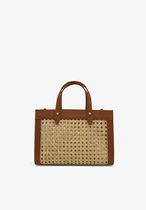 Sac cabas rectangulaire en rotin tressé avec garniture en cuir marron et doubles poignées, design structuré adapté à un usage décontracté.