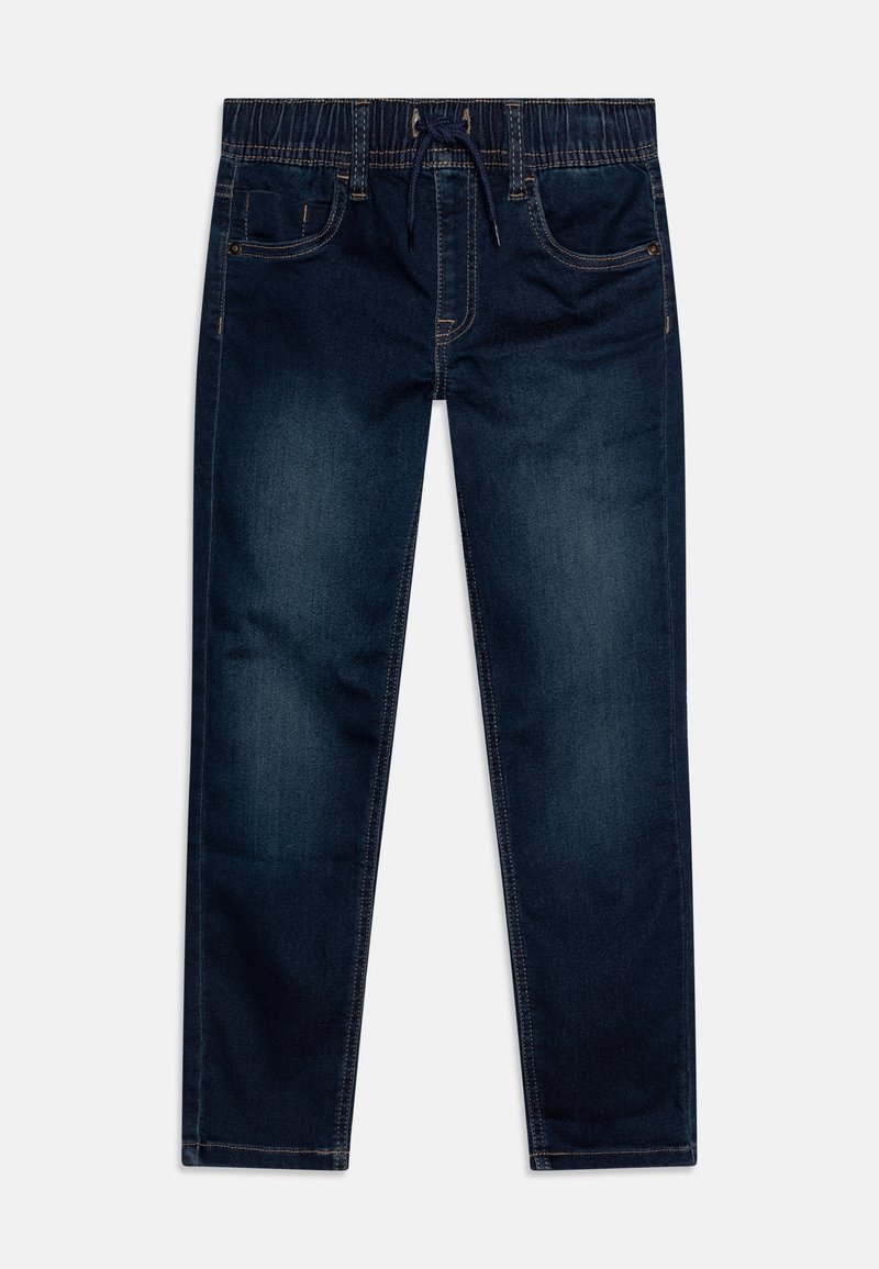 Pantalon jogging en denim bleu foncé avec ceinture élastique et cordon de serrage, poches avant et surpiqûres contrastantes, présenté à plat sur fond blanc.