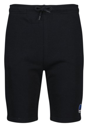 Schwarze knielange Shorts mit elastischem Bund und Kordelzug, mit einem kleinen blau-weißen Logo am unteren linken Bein.