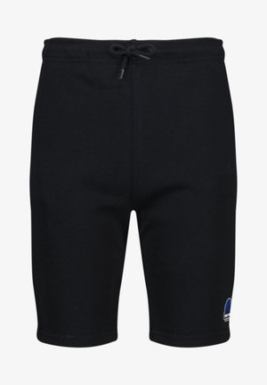 Zwarte kniekorte broek met een elastische tailleband en trekkoord, met een klein blauw-wit logo op het lagere linkerbeen.