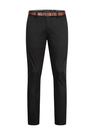 Black slim-fit trousers with front pockets and a brown leather belt, displayed on a white background.