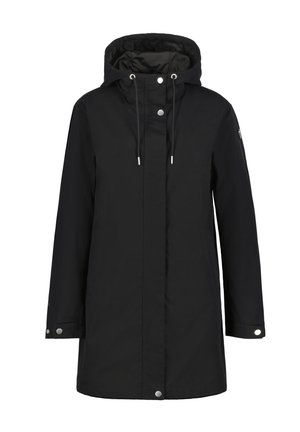 Manteau noir à capuche de longueur mi-longue, avec boutons-pression à l'avant, cordons de serrage à la capuche et manches longues avec poignets à boutons-pression.