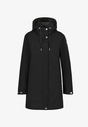 Manteau noir à capuche de longueur mi-longue, avec boutons-pression à l'avant, cordons de serrage à la capuche et manches longues avec poignets à boutons-pression.