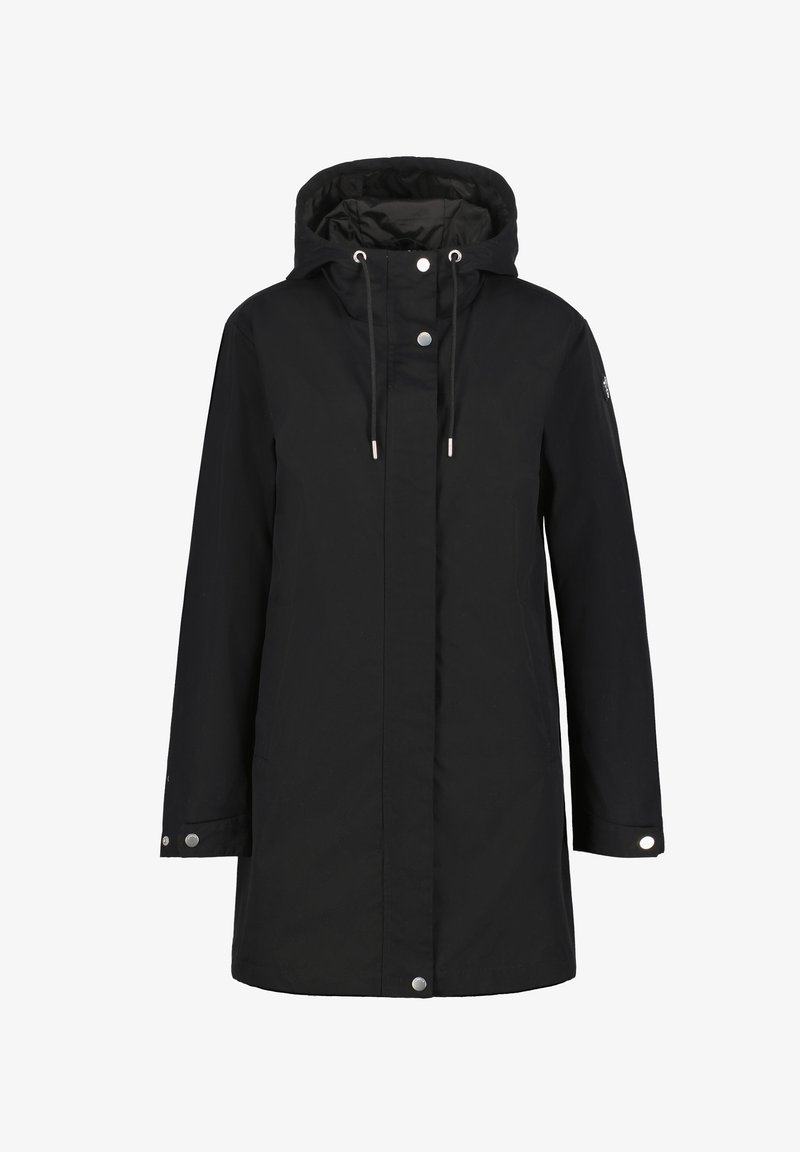 Schwarzer mittellanger Kapuzenmantel mit vorderen Druckknöpfen, Kordelzügen an der Kapuze und langen Ärmeln mit Druckknopfmanschetten.