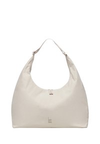 Sac hobo beige en tissu doux, doté d'une large bandoulière et d'une fermeture éclair sur le dessus. Design minimaliste avec détail du logo.