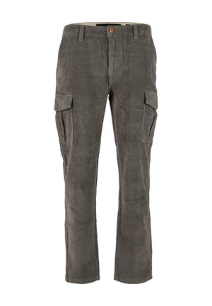 Tepláky z kordu v tmavě šedé barvě, s rovnými nohavicemi, bočními kapsami a zapínáním na knoflík v pase. Texturovaná látka.