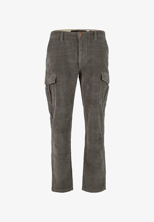 Tepláky z kordu v tmavě šedé barvě, s rovnými nohavicemi, bočními kapsami a zapínáním na knoflík v pase. Texturovaná látka.