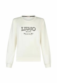 Sweat-shirt blanc à manches longues avec le texte "LIU JO MILANO Since 1995" et des strass décoratifs sur le devant, col rond et poignets côtelés.