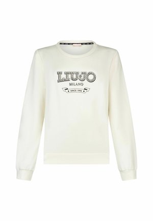 Sweat-shirt blanc à manches longues avec le texte "LIU JO MILANO Since 1995" et des strass décoratifs sur le devant, col rond et poignets côtelés.