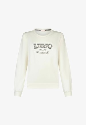 Fehér hosszú ujjú pulóver "LIU JO MILANO Since 1995" felirattal és díszítő strasszokkal az elején, kerek nyakkivágással és bordázott mandzsettákkal.