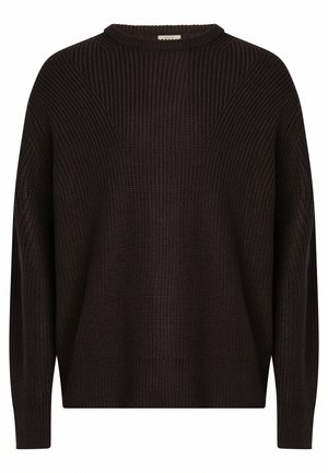 Brown knitted sweater with ribbed texture, round neckline, and long sleeves; features dropped shoulder seams and a loose fit.