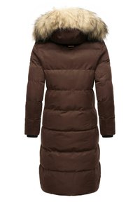 Brown puffer coat features a quilted design, knee-length cut, and a detachable fur-lined hood, with ribbed cuffs for a secure fit.