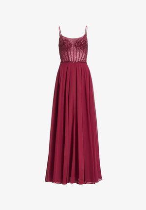 Bordeaux avondjurk met een geborduurd lijfje, dunne spaghettibandjes en een vloeiende chiffon rok die tot de vloer reikt.