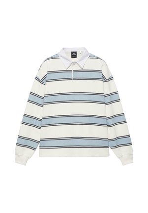Polo à manches longues avec col blanc et rayures horizontales en bleu clair, blanc et fines lignes noires.