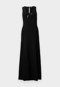 Musta õlgadeta maxi kleit, ümarate kaelustega, kolme nööpDetailiga ja ees paelaga. Siledast kudumismaterjalist.