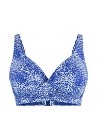 Niebiesko-biały stanik bikini w wzory, z regulowanymi ramiączkami i zapięciem na klamrę z przodu.