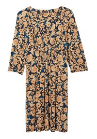 Abito con motivo floreale in blu navy e oro, caratterizzato da una scollatura a V, maniche a 3/4 e una vita elasticizzata per un fit comodo.