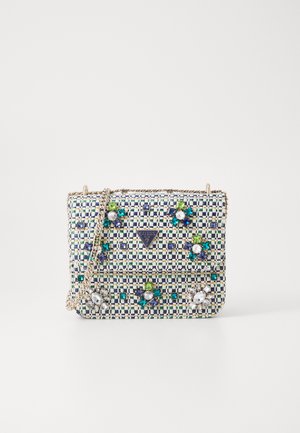 Textured woven handbag in blue, green, and cream with multicolored gem embellishments and a gold chain strap. Triangle logo on front.