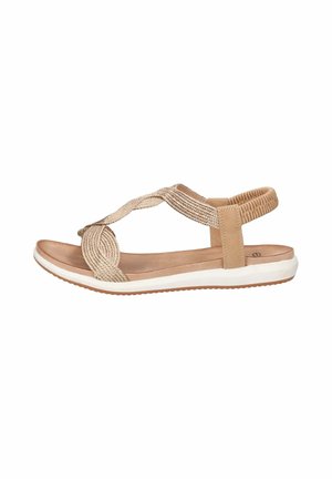 Sandalo beige con punta aperta, cinturini intrecciati, plantare imbottito, cinturino elastico al tallone e suola in gomma bianca.