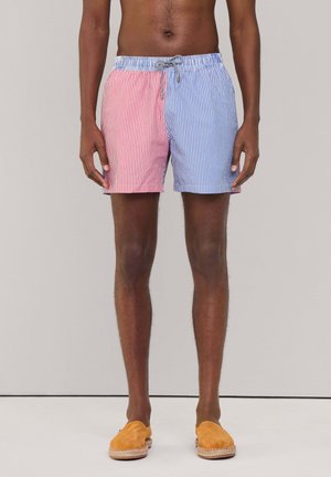 Gestreifte Schwimmshorts mit pinker linker Seite und blauer rechter Seite, aus leichtem Stoff, mit einem elastischen Bund und Kordelzug.