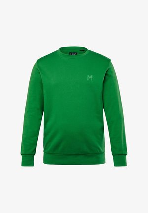 Zielona bawełniana bluza z okrągłym dekoltem, długimi rękawami i małym logo na piersi. Miękka tekstura i elastyczne mankiety przy końcu.