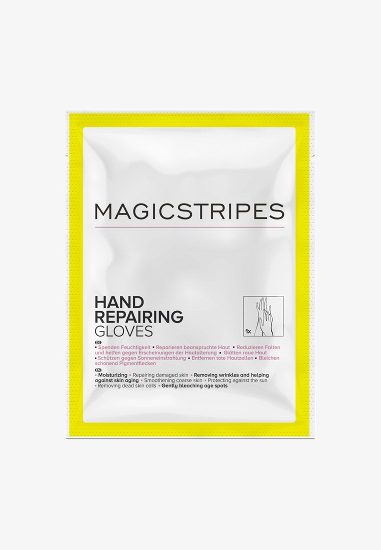 Witte pouch met gele rand, gelabeld "MAGICSTRIPES HANDREPARERENDE HANDSCHOENEN." Bevat productdetails in het Engels en Duits, met lijntekening van handen.