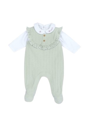 Grenouillère bébé verte côtelée avec manches longues blanches, col volanté, trois boutons en bois et détail de broderie florale.