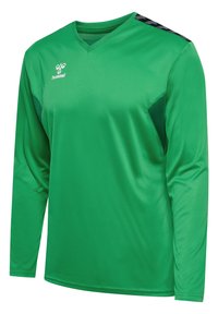 Groene sporttrui met lange mouwen, gemaakt van glad, lichtgewicht materiaal met een V-hals en zwarte accenten langs de schouders. Merklogo zichtbaar.