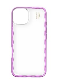 Gennemsigtig telefoncase med en bølget lilla kant, designet til beskyttelse. Har en gennemsigtig bagside og præget logo-detalje.