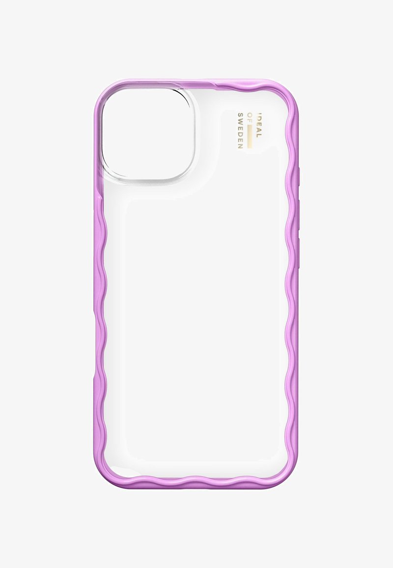 Gennemsigtig telefoncase med en bølget lilla kant, designet til beskyttelse. Har en gennemsigtig bagside og præget logo-detalje.